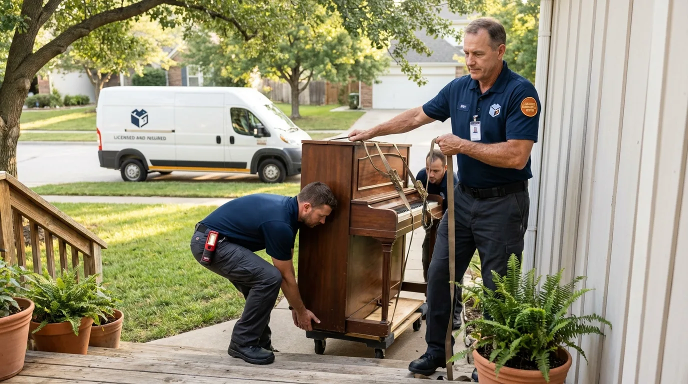 Licensed piano movers securing grand piano in Mission, SD