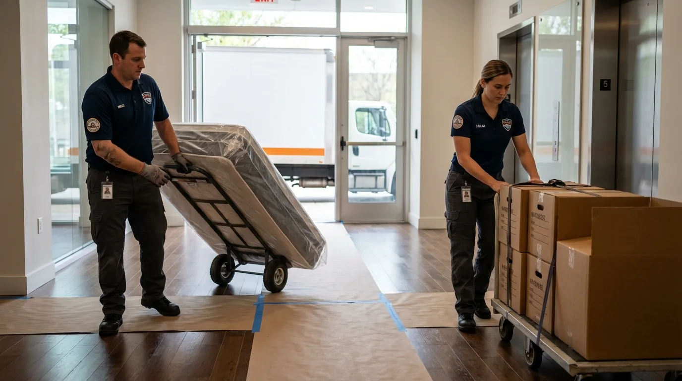 Professional apartment movers loading elevator in Mission, SD